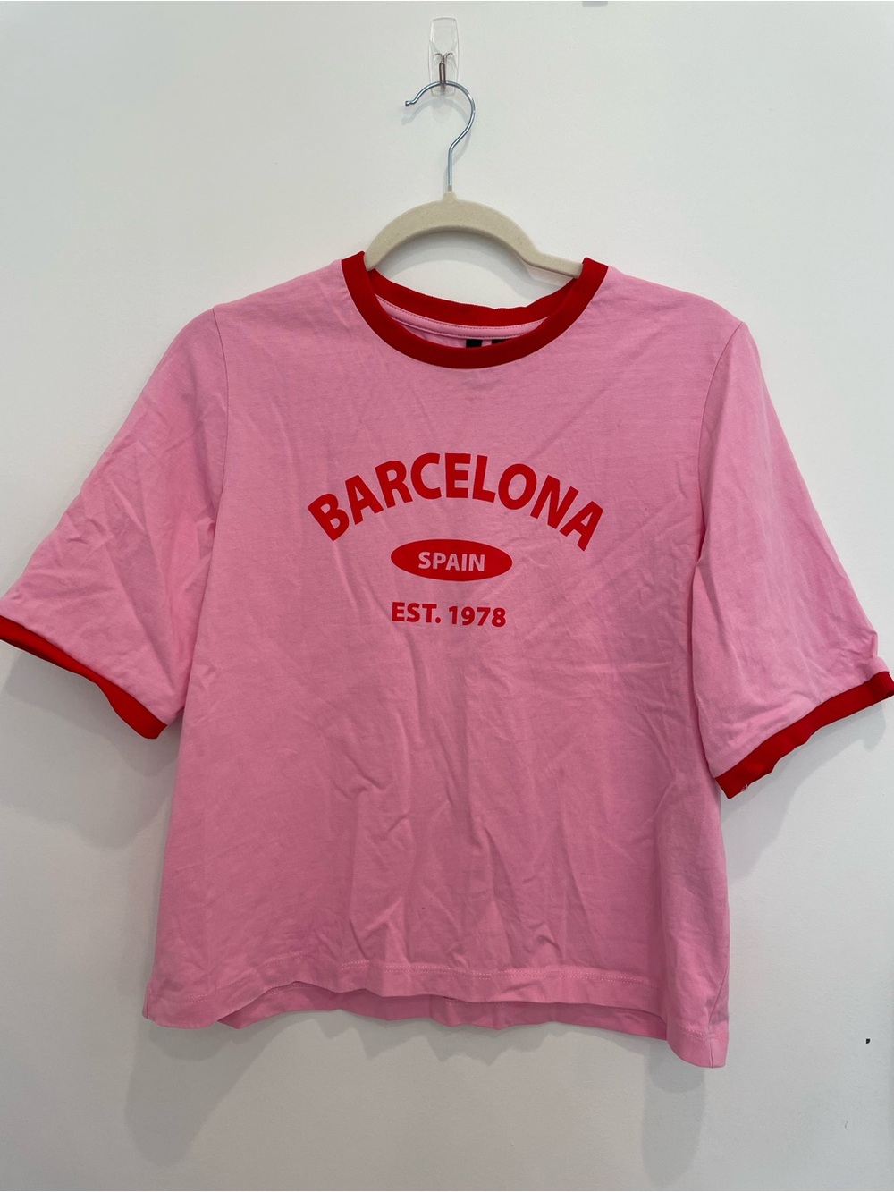 Vero Moda Pink Tee with Red Ribbed Trim